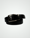Black Ribbed Leather Belt with Black & Gold Buckle