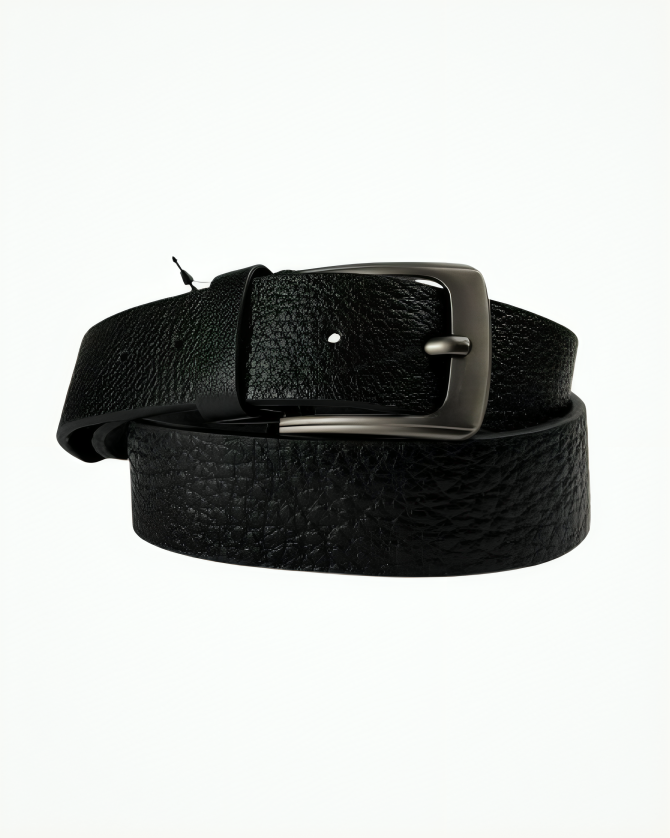 Black Textured Leather Belt with Heavy Metal Buckle