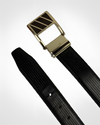 Black Ribbed Leather Belt with Black & Gold Buckle
