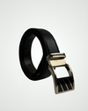 Black Ribbed Leather Belt with Black & Gold Buckle