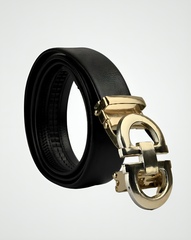 Black Leather Belt with Gold Buckle