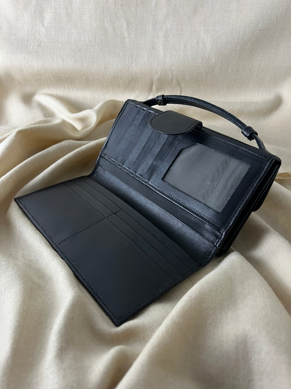 Classic Black Leather Clutch Wallet with Strap