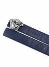 Luxury Navy Blue Leather Belt with Medusa Head Buckle