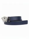 Luxury Navy Blue Leather Belt with Medusa Head Buckle